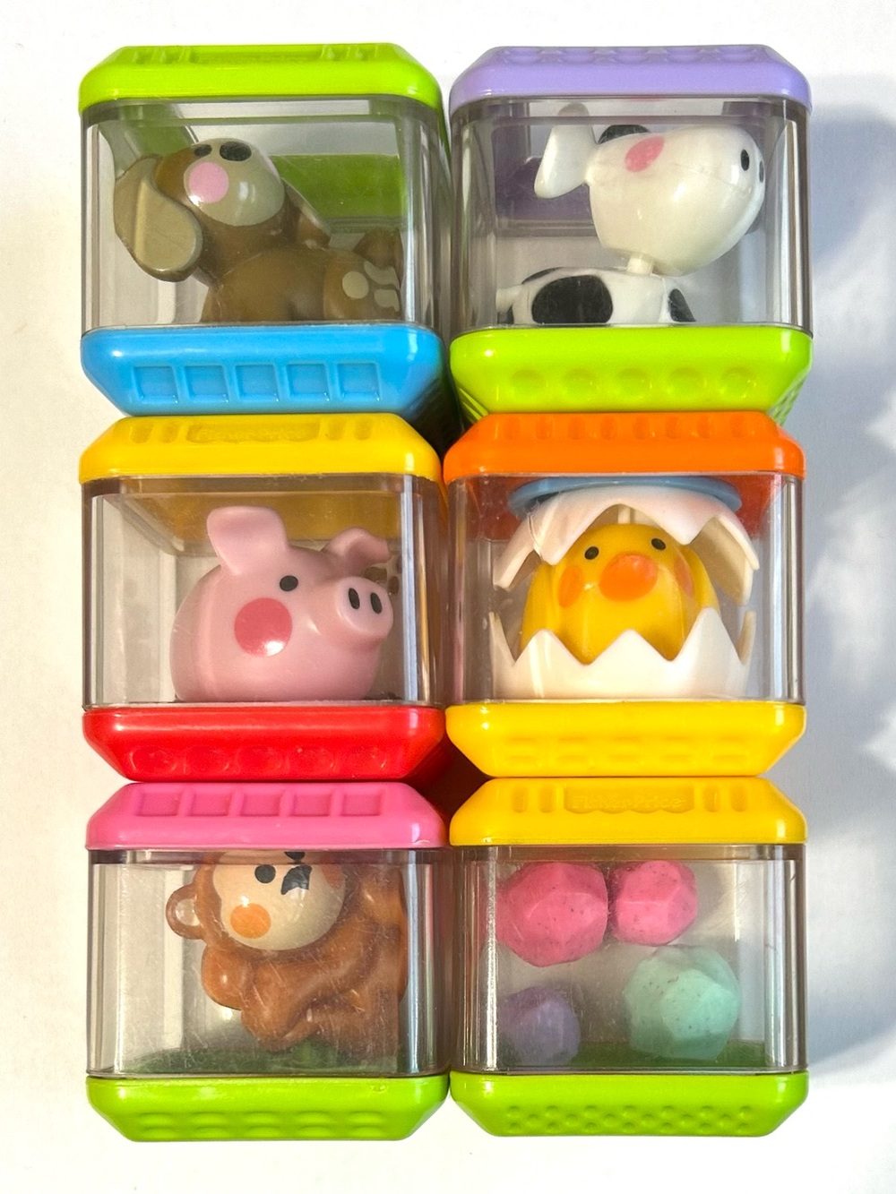 6 Vintage Fisher-Price Peek-A-Boo Blocks. Mostly Animal Themed. Set #2.